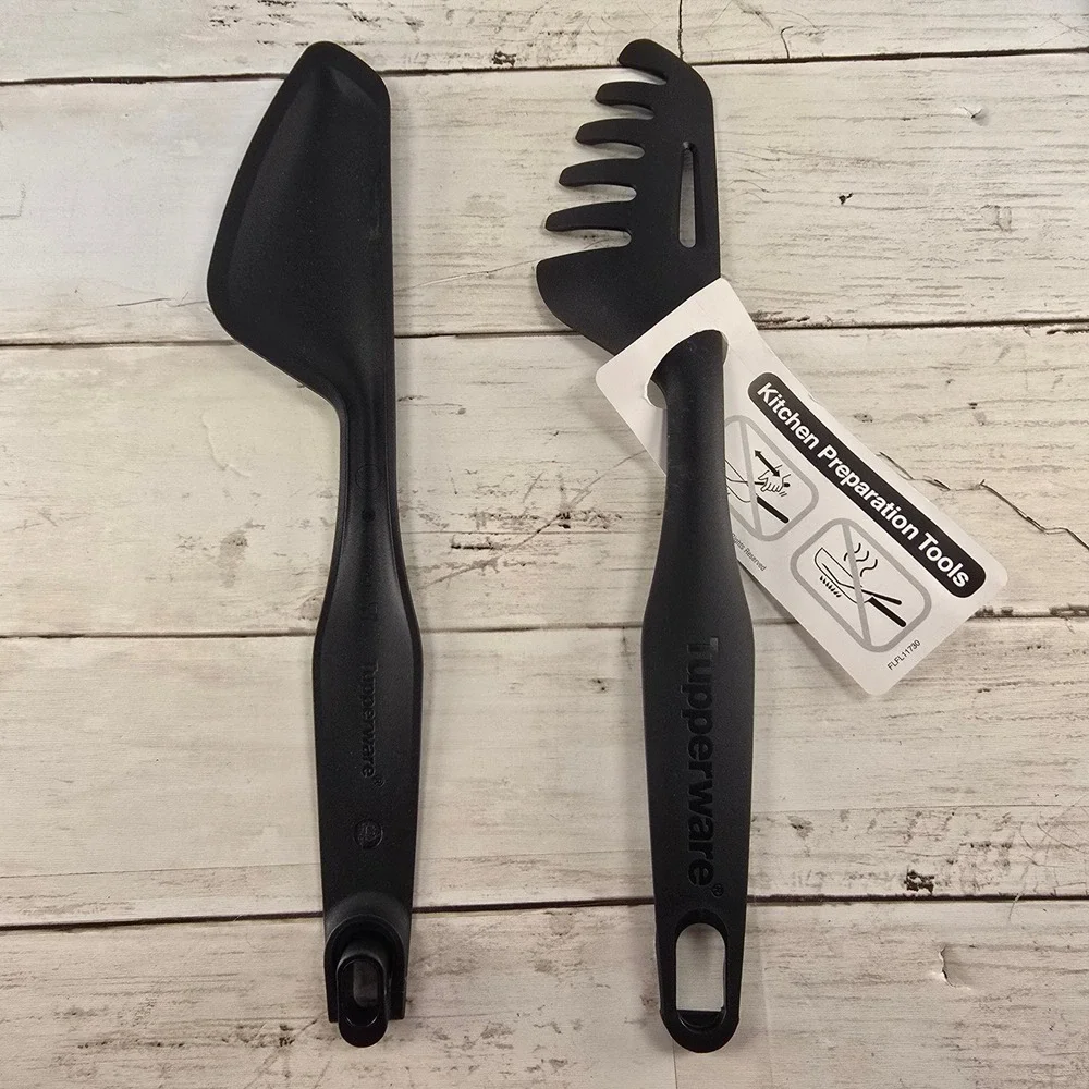 Tupperware Kitchen Preparation Tools Black Serving Spoon and Tongs Set NWT